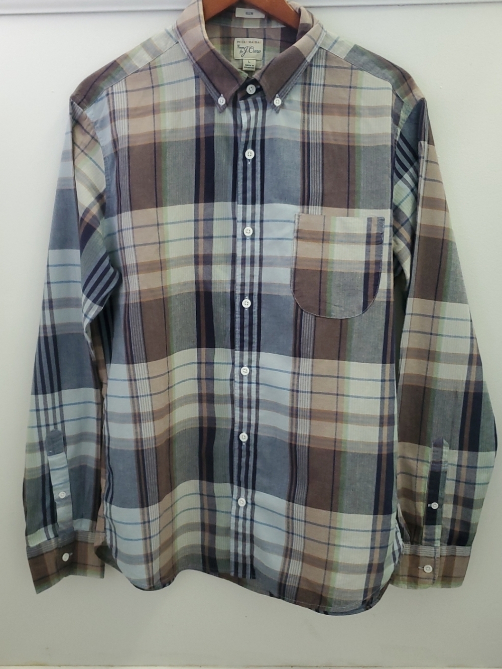 J. Crew Men's Indian Madras woven Plaid Button-Down Shirt Size Large Slim